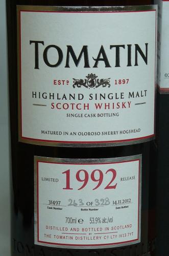 TOMATIN 20年 1992-2012 A SINGLE OLOROSO SHERRY HHD