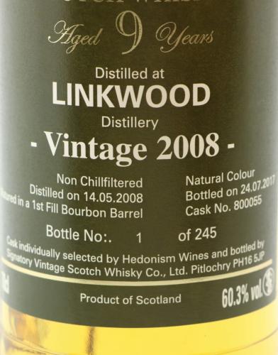 LINKWOOD 9年 2008 ファーストフィルバーボン Hedonism Wines 5周年