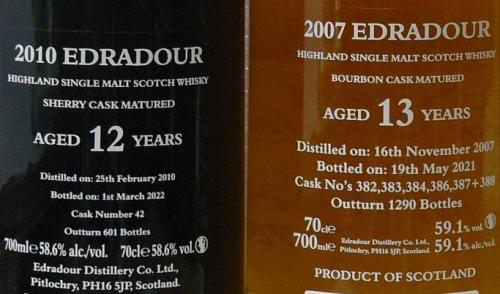 Edradour シェリー樽12年、バーボン樽13年 2本セット Cask Strength