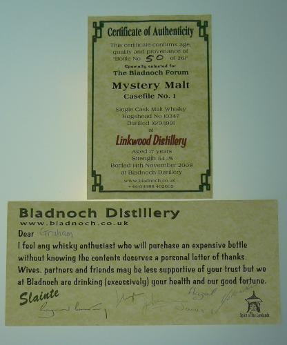 消滅 Bladnoch Forum Mystery Malt No. 1 Linkwood 1991